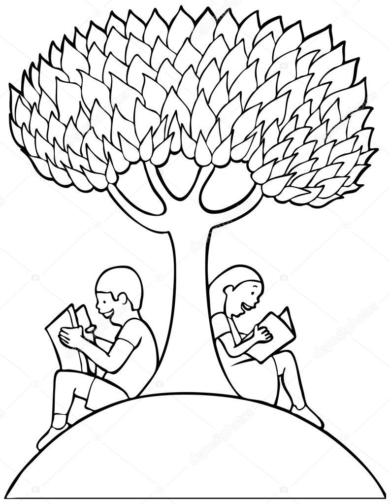 Children Reading Books Coloring Pages